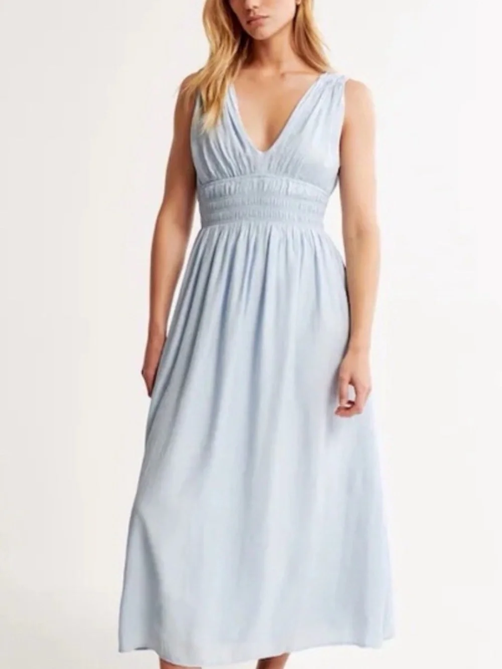 Abercrombie & Fitch Crinkle Textured Smocked Waist Maxi Dress Blue Grecia XSP